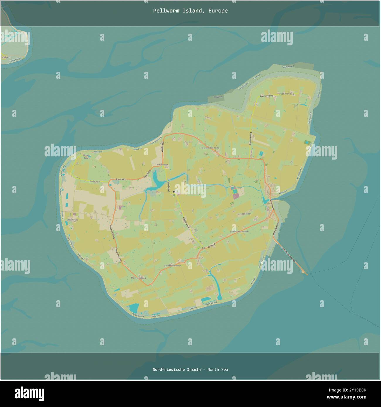 Île de Pellworm dans la mer du Nord, appartenant à l'Allemagne, coupée en carré sur une carte topographique de style humanitaire OSM Banque D'Images
