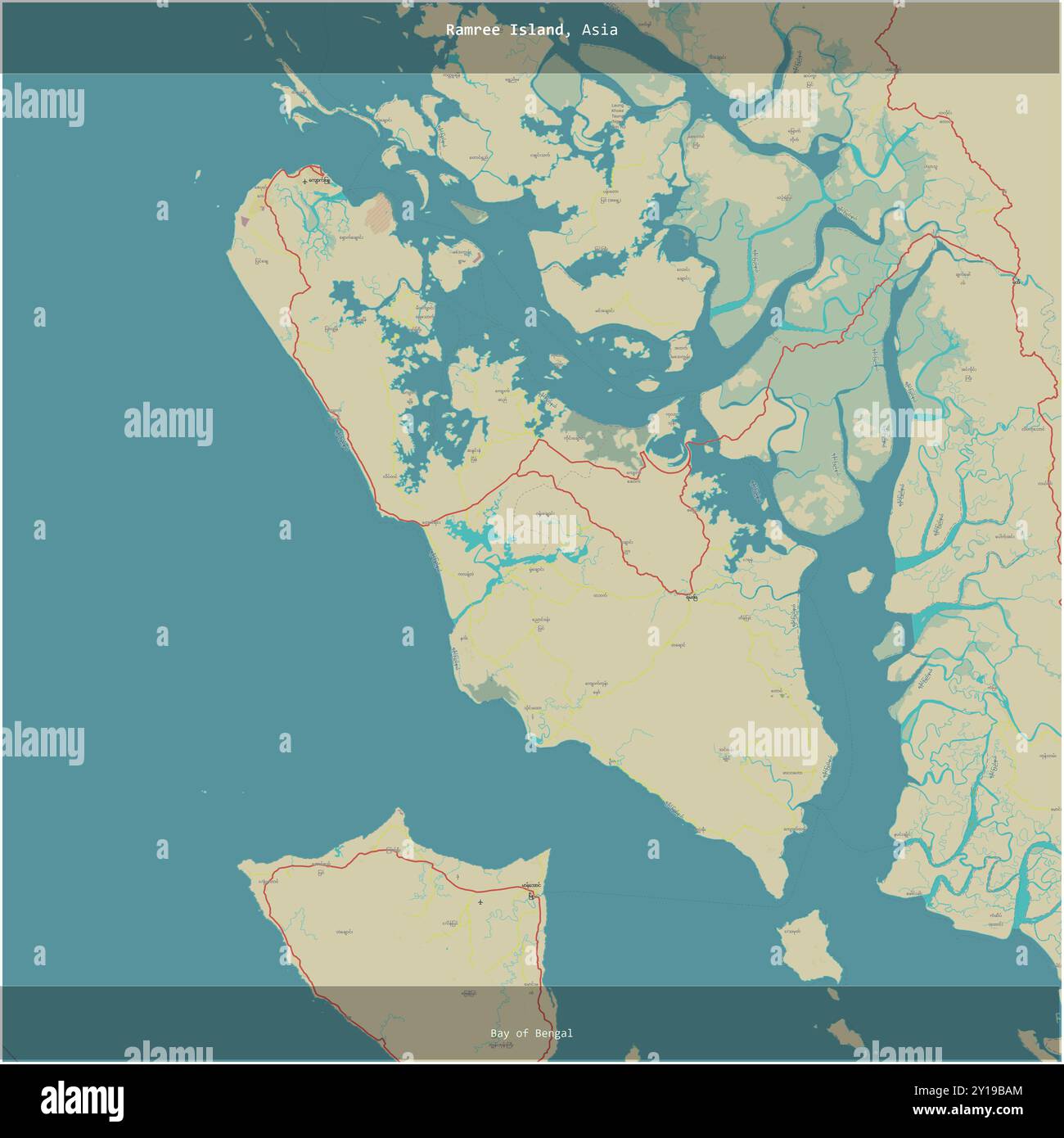 Île Ramree dans la baie du Bengale, appartenant au Myanmar, coupée en carré sur une carte topographique de style humanitaire OSM Banque D'Images