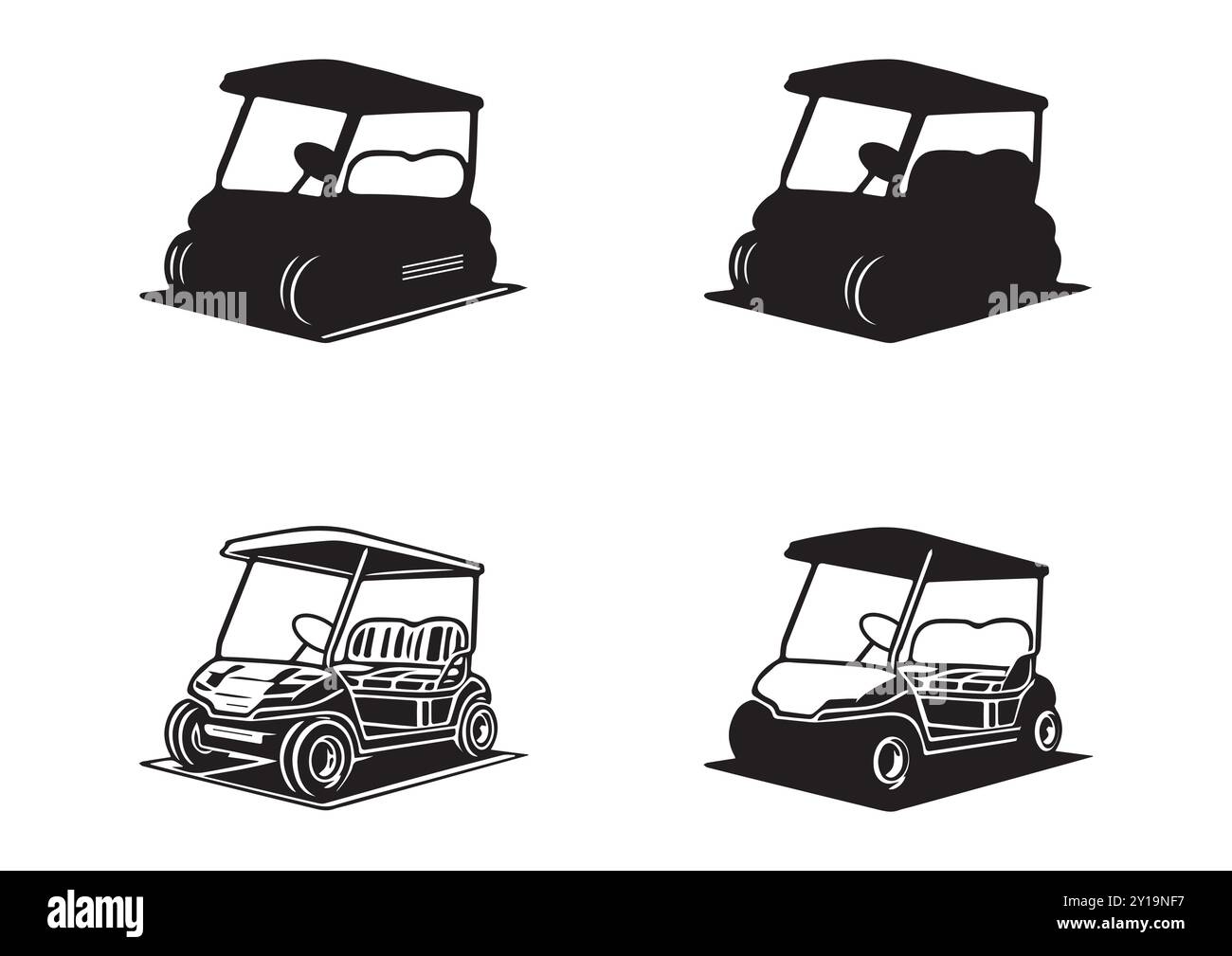 Quatuor de voiturettes de golf stylisées en illustration monochrome Illustration de Vecteur
