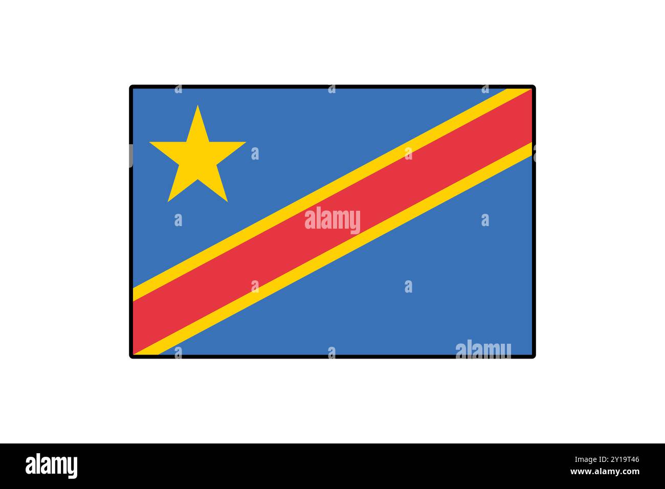 Le drapeau vectoriel présente un champ bleu avec une bande diagonale rouge bordée de jaune, surmontée d'une étoile à cinq branches. Ce dessin symbolise le patrimoine de la République démocratique du Congo. Illustration de Vecteur