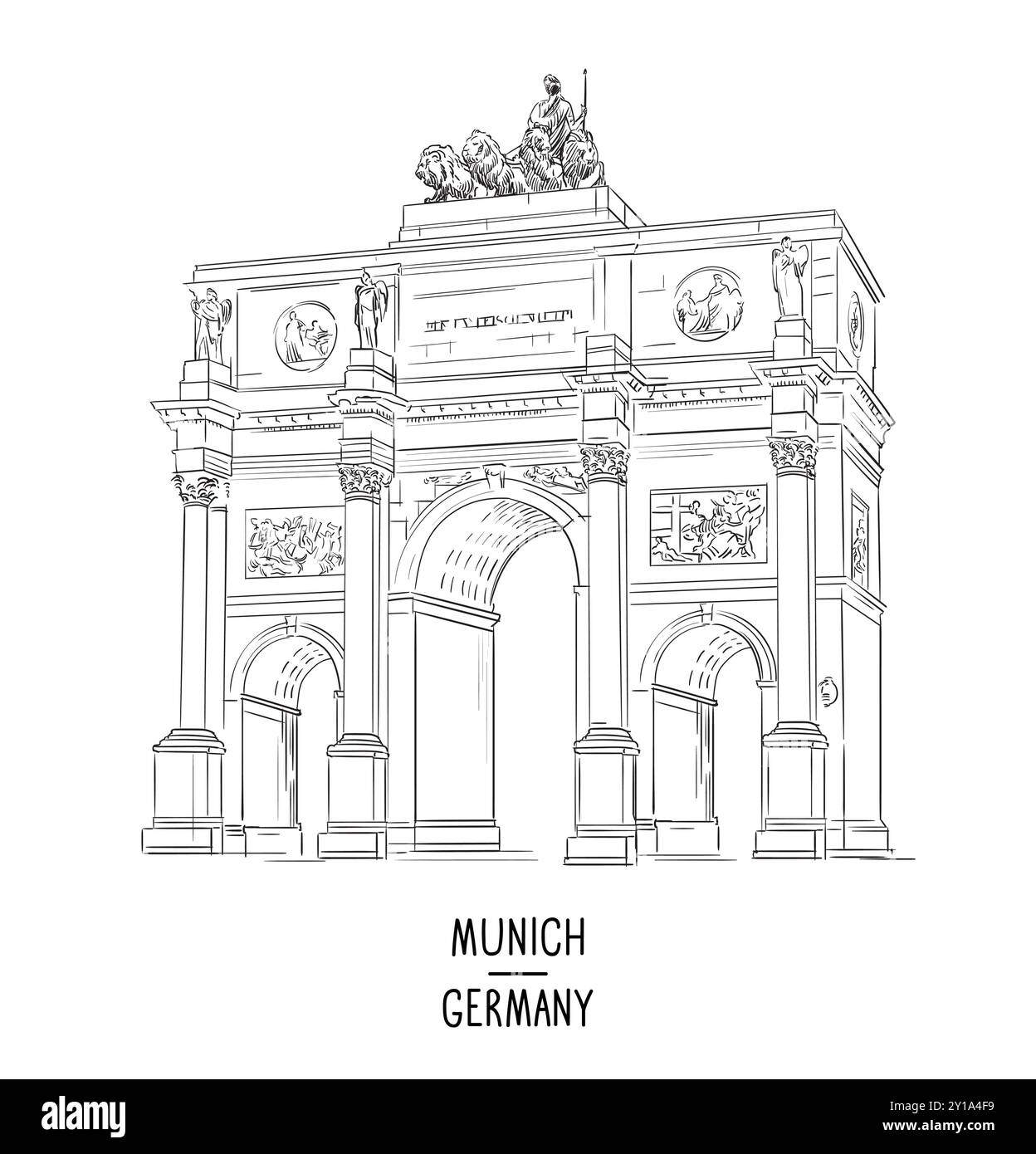 Allemagne repère dessiné à la main. Illustration vectorielle de Dresde. Esquisse dessinée à la main avec attraction. L'Arc de Triomphe à Munich. Porte de la vieille ville. Gravure a Illustration de Vecteur