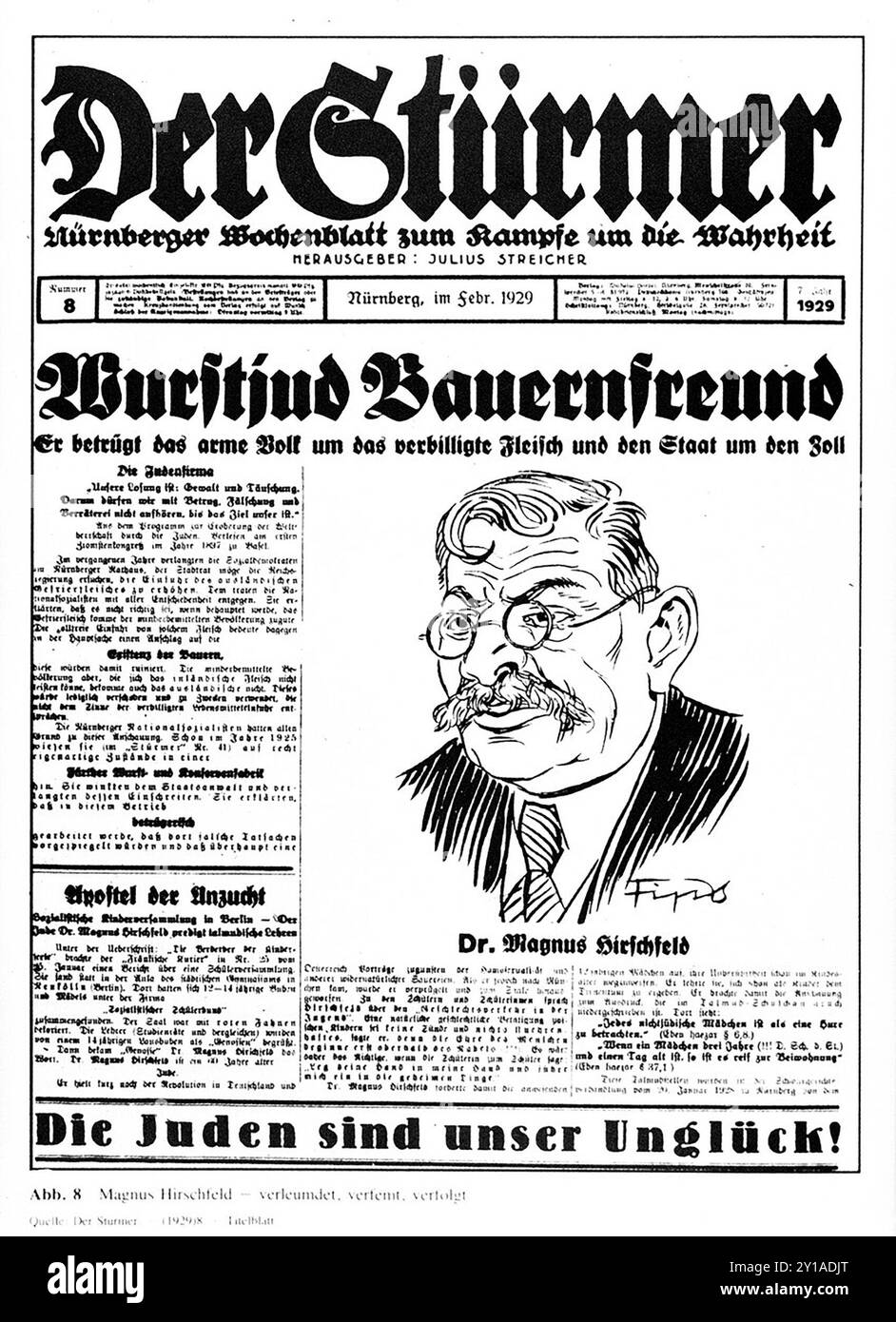 Première page du numéro de février 1929 de 'Der Stuermer'. Der Stürmer était une publication férocement antisémite dirigée par l'un des partisans les plus venimeux d'Hitler, Julius Streicher. Banque D'Images