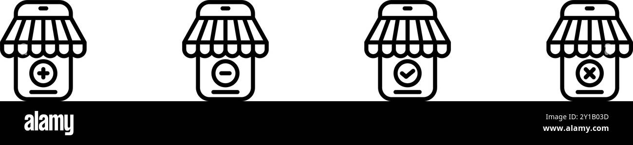 Icône de téléphone magasin avec canopée et plus, , inus vérifier et refuser symboles, boutons de boutique en ligne. Fichier modifiable Illustration de Vecteur Icône de téléphone magasin avec canopée et plus, , inus vérifier et refuser symboles, boutons de boutique en ligne. Fichier modifiable Illustration de Vecteur