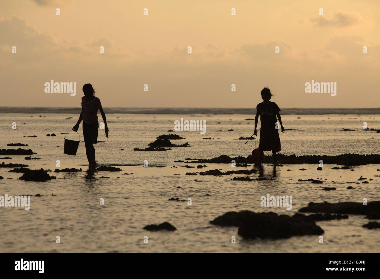Les jeunes femmes sont silhouettées sur fond lumineux, car elles portent un seau en plastique tout en recherchant des produits de la mer à marée basse. Banque D'Images