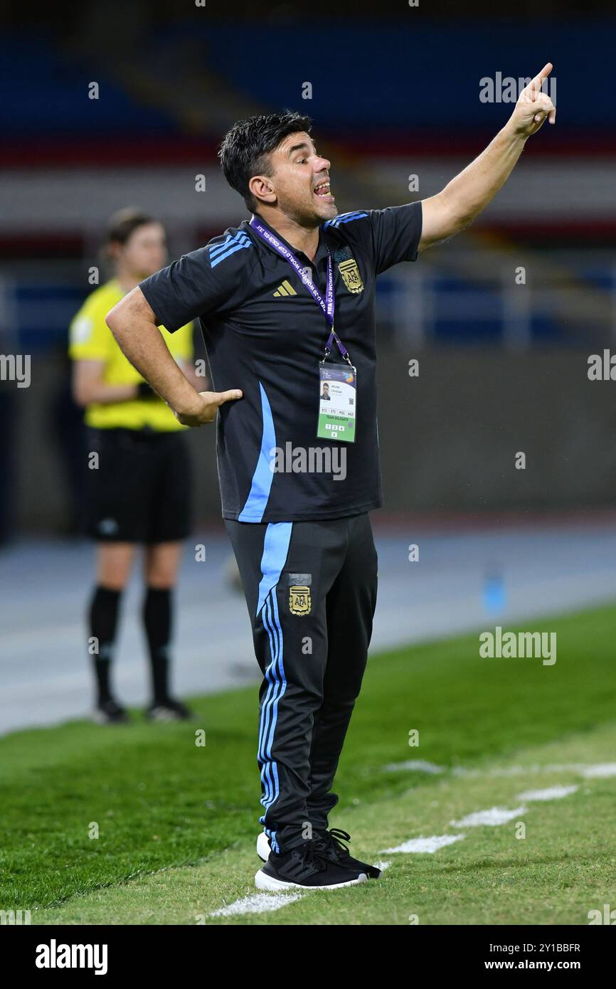 Cali, Colombie. 05th Sep, 2024. Christian Meloni entraîneur-chef de l'Argentine, lors du match de Coupe du monde féminine U-20 du Groupe F FIFA, Colombie 2024 opposant les pays-Bas et l'Argentine, au stade olympique Pascual Guerrero, à Cali, le 05 septembre 2024. Photo : Alejandra Arango/DiaEsportivo/Alamy Live News crédit : DiaEsportivo/Alamy Live News Banque D'Images