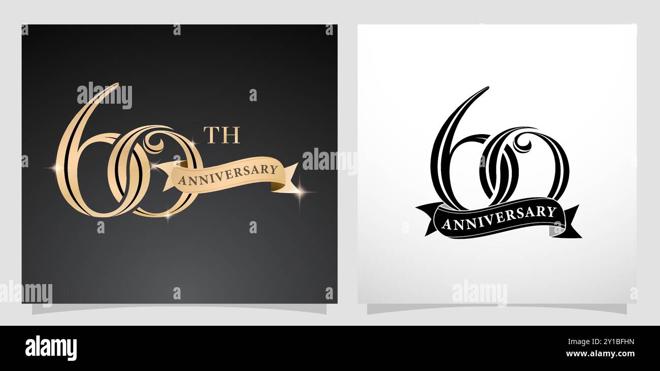 illustration du 60e anniversaire avec ruban, arrière-plans noirs et blancs isolés. Applicable pour les cartes de voeux, invitation, anniversaire de mariage Illustration de Vecteur