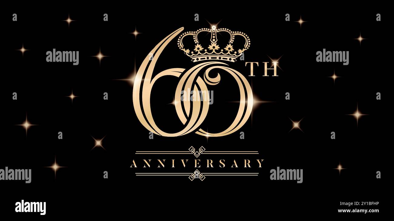 symbole du 60e anniversaire avec couronne et paillettes scintillantes arrière-plans noirs isolés. Applicable pour les cartes de voeux, invitation, anniversaire de mariage Illustration de Vecteur