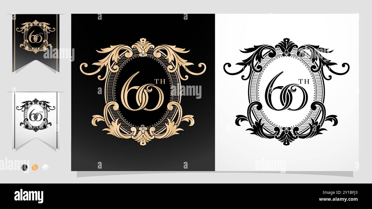 Illustration de 60ème avec cadre floral Ellipse élément avec fond isolé applicable pour la typographie, la broderie, invitation anniversaire de mariage Illustration de Vecteur