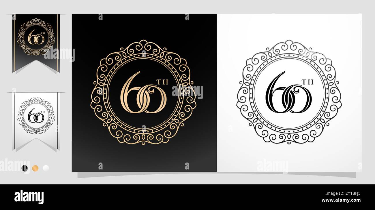 60ème avec cadre de cercle bouclé, élément de cadre d'ellipse avec fond isolé d'or de couleur, applicable pour la typographie, la broderie, mariage d'invitation Illustration de Vecteur