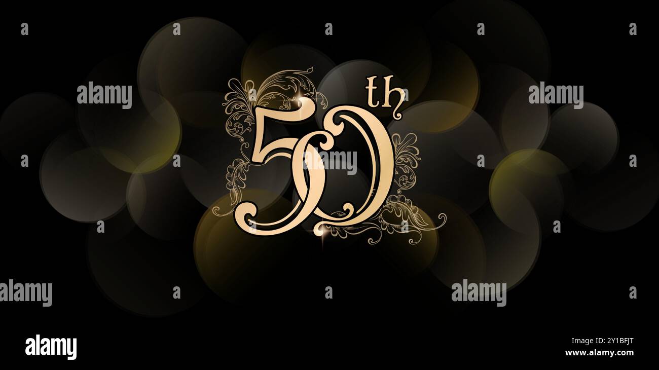 50e motifs ornementaux floraux lettrage numéros années anniversaire célébration Golden Color Bokeh illustration de fond Illustration de Vecteur