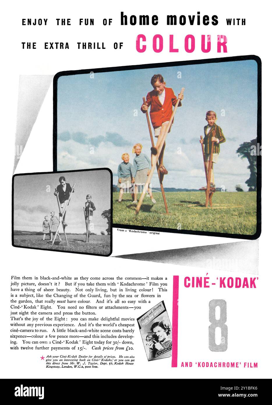 Publicité britannique 1939 pour la caméra ciné-Kodak 8 et le film Kodachrome de Kodak. Banque D'Images