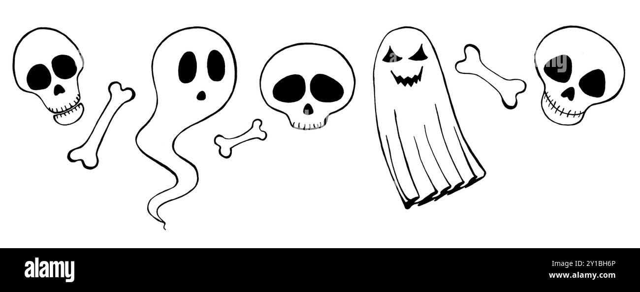 Doodle ensemble de différents éléments d'Halloween. Crânes divers, fantômes, os. Noir sur fond blanc. Illustrations stylisées. Un fantôme a surpris Banque D'Images
