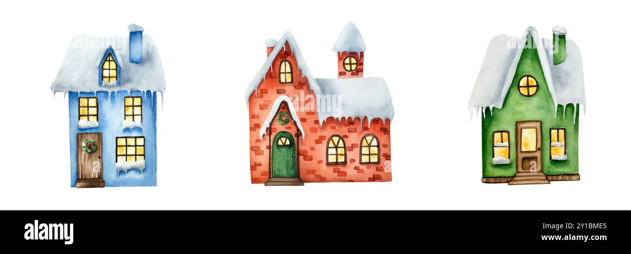 Maisons enneigées en hiver. Illustrations peintes à la main à l'aquarelle de Noël isolées sur fond. Pour les designers, décoration, boutique, pour les cartes postales, WR Banque D'Images