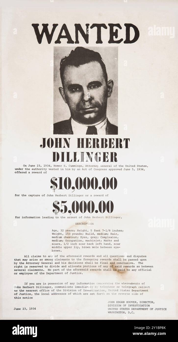 John Dillinger voulait poster. Infâme gangster de l'ère de la dépression, John Dillinger - 1934 Banque D'Images John Dillinger voulait poster. Infâme gangster de l'ère de la dépression, John Dillinger - 1934 Banque D'Images