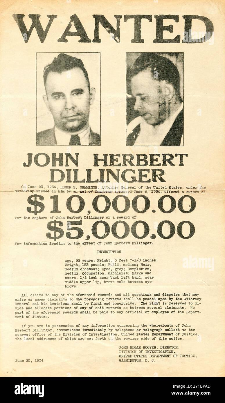 Affiche vintage recherchée, 10 000 dollars - John Dillinger (Ministère de la Justice, 1934) Banque D'Images Affiche vintage recherchée, 10 000 dollars - John Dillinger (Ministère de la Justice, 1934) Banque D'Images