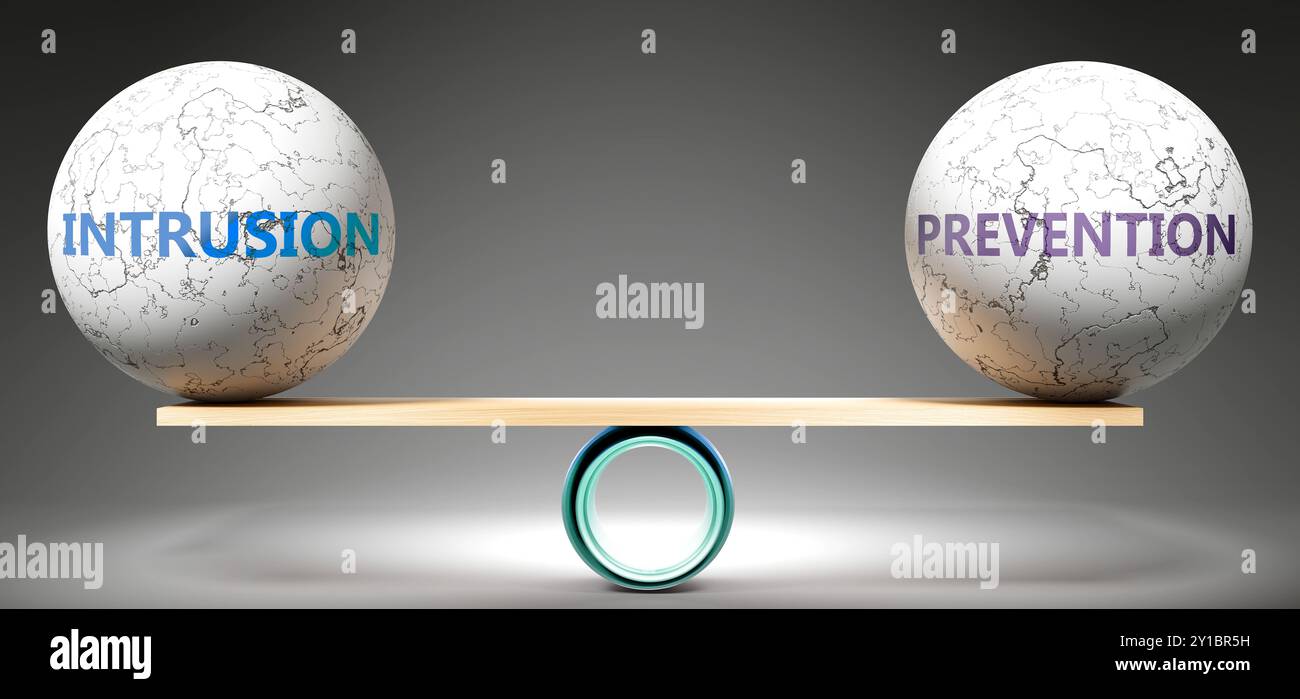 Intrusion et prévention en équilibre. Métaphore montrant l'intrusion en équilibre avec la prévention, symbolisant une harmonie souhaitée entre eux. Stabilise Banque D'Images