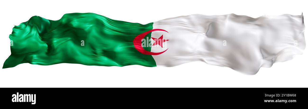 Drapeau stylisé de l'Algérie, ondulant au vent, isolé sur fond blanc. Pied de page, en-tête ou séparateur. Découpez un élément panoramique large. Bannière pour Banque D'Images