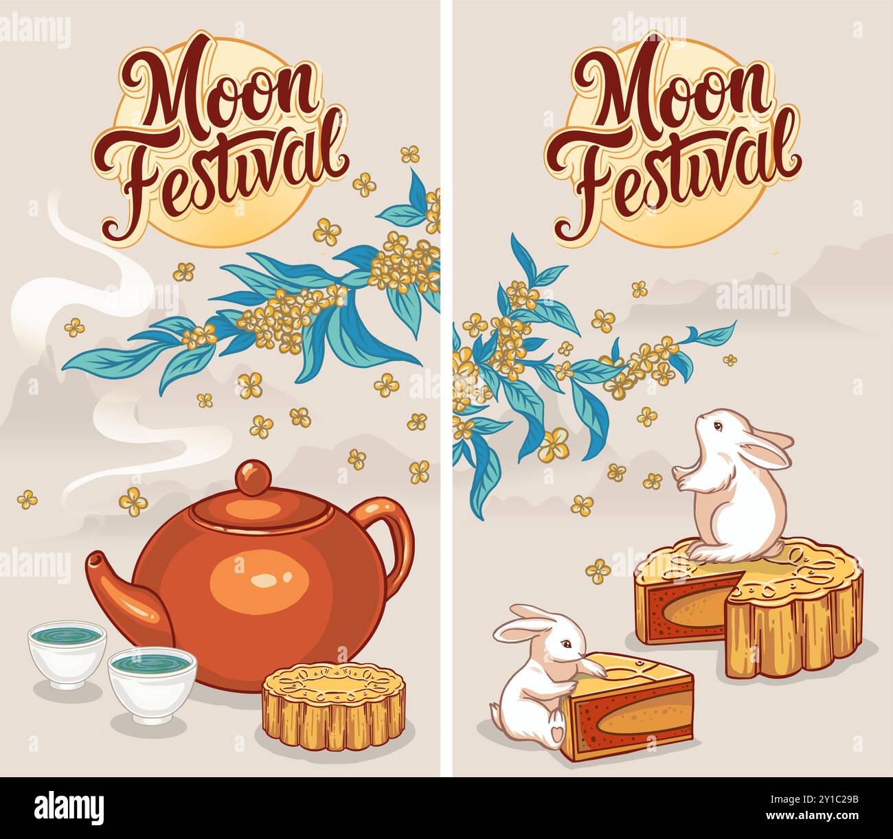 Ensemble de design de festival de mi-automne avec de belles fleurs de fleur et des lapins. Illustration de Vecteur