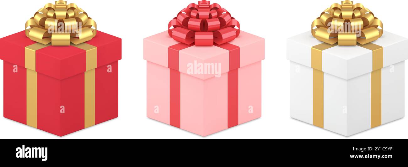 Boîte cadeau enveloppée festive réaliste avec illustration vectorielle d'ensemble d'arc métallique. Collection carton de vacances avec présent à l'intérieur félicitations New Yea Illustration de Vecteur