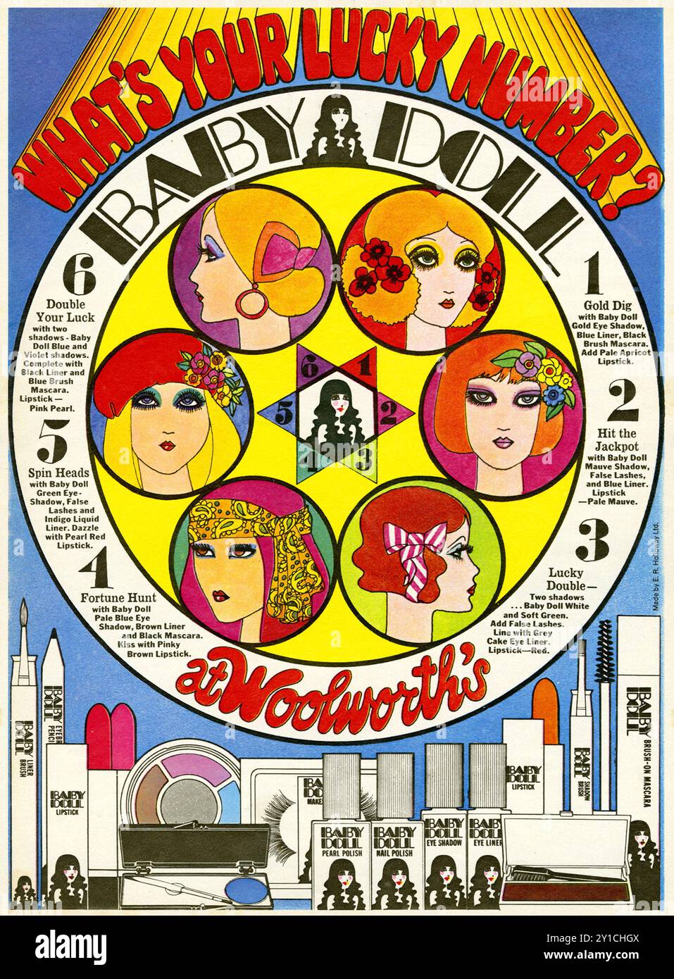 Woolworths propre gamme de maquillage de marque, Baby Doll. Publicité pleine page design pop art psychédélique classique, avec des couleurs vives et des graphiques. Milieu des années 1960 Dolly Birds. Logo style Sub Biba. Banque D'Images