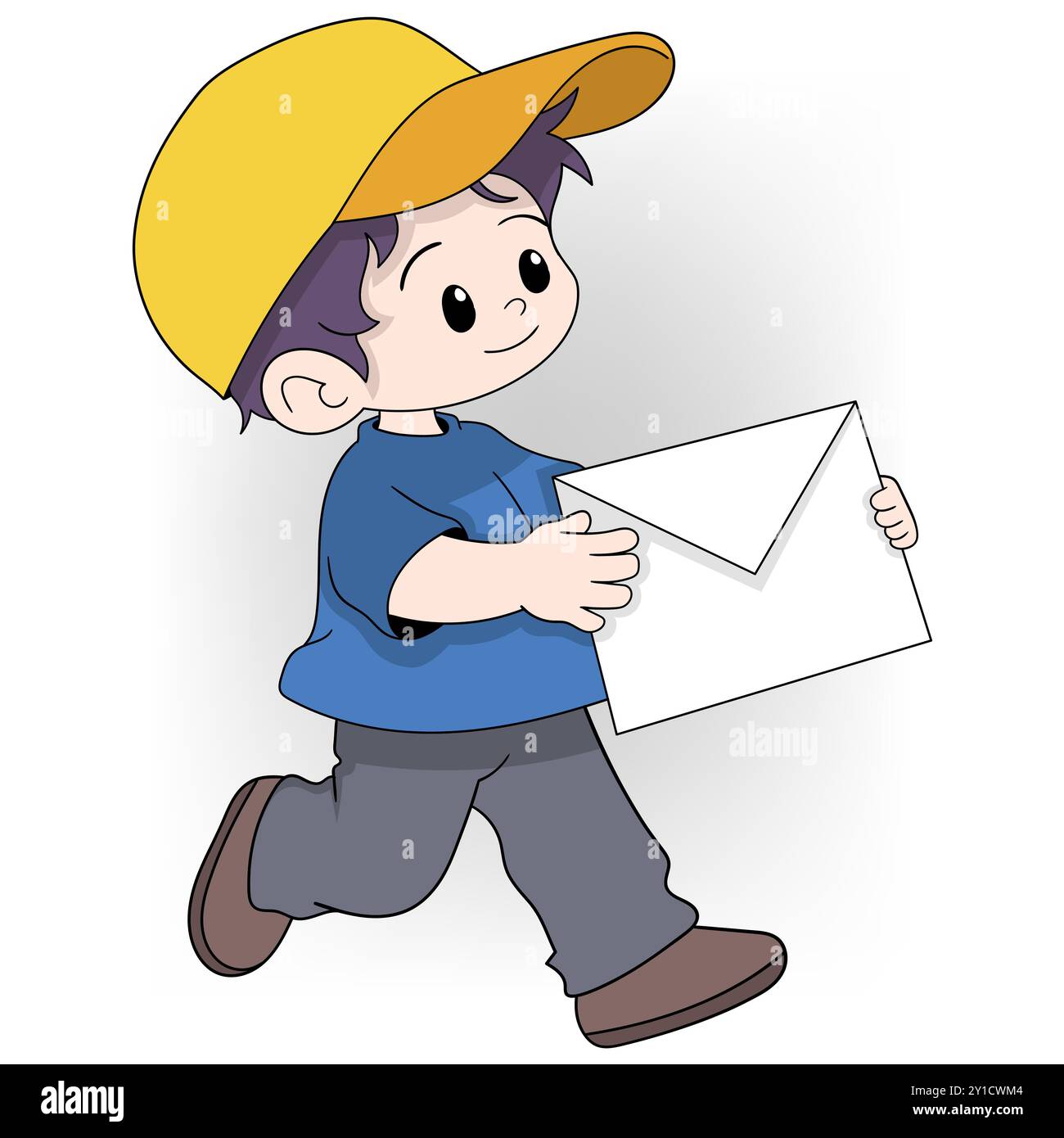 Un garçon de dessin animé mignon portant une casquette jaune et une chemise bleue est montré marchant tout en tenant une enveloppe blanche. Illustration de Vecteur