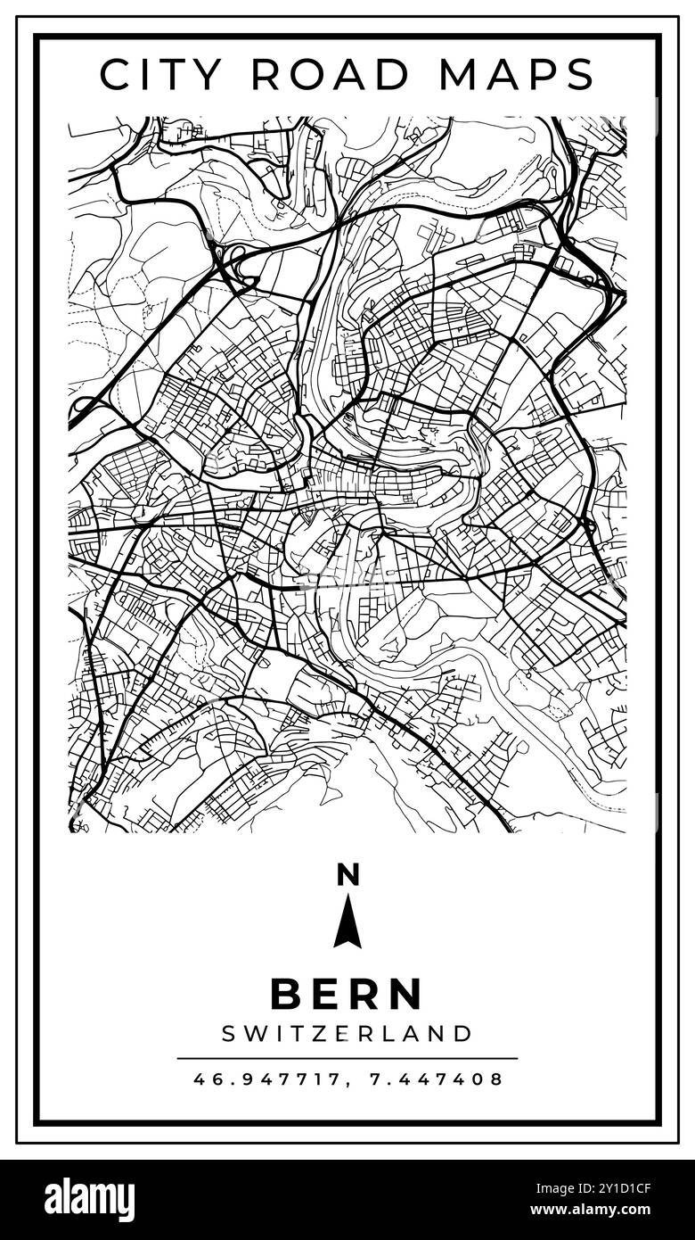 Monochrome Line Art carte de Berne ville de Suisse, illustration et décoration de la maison Illustration de Vecteur