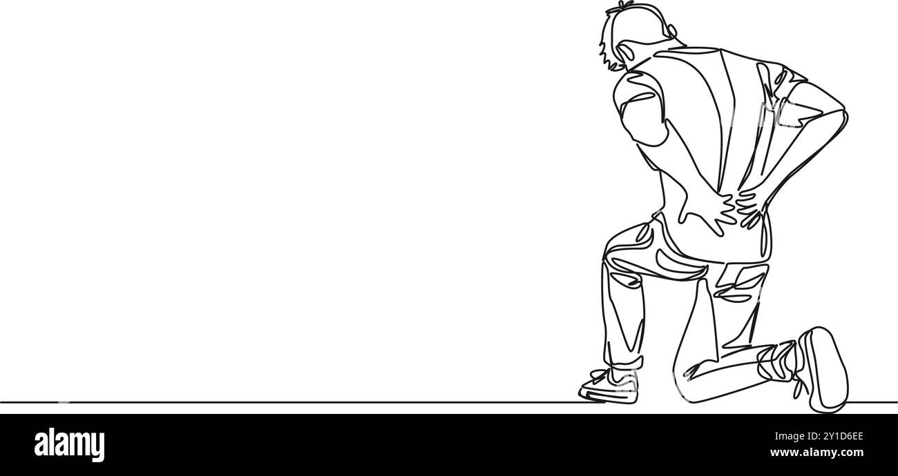 dessin en ligne simple continu de l'homme agenouillé sur le sol souffrant de maux de dos, illustration vectorielle d'art au trait Illustration de Vecteur