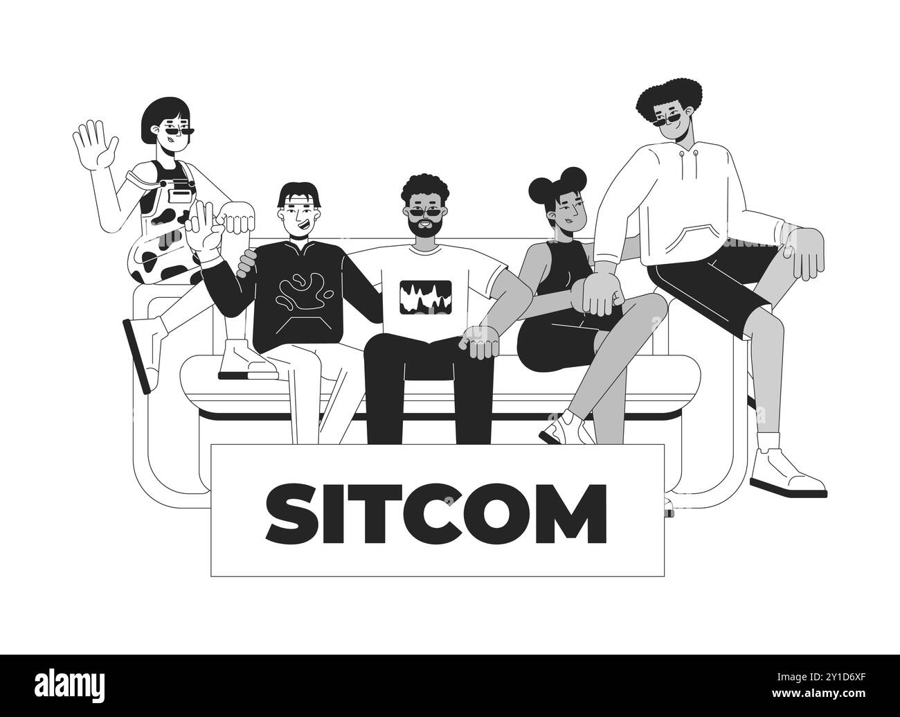 Concept d'illustration 2D en noir et blanc de la série TV de sitcom Illustration de Vecteur