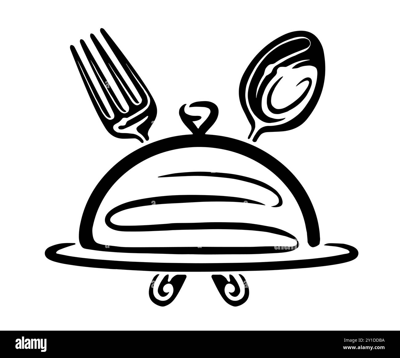 Plateau avec cuillère et logo de fourchette. Emblème pour la conception de menu de restaurant ou le service de livraison de nourriture. Illustration vectorielle Illustration de Vecteur