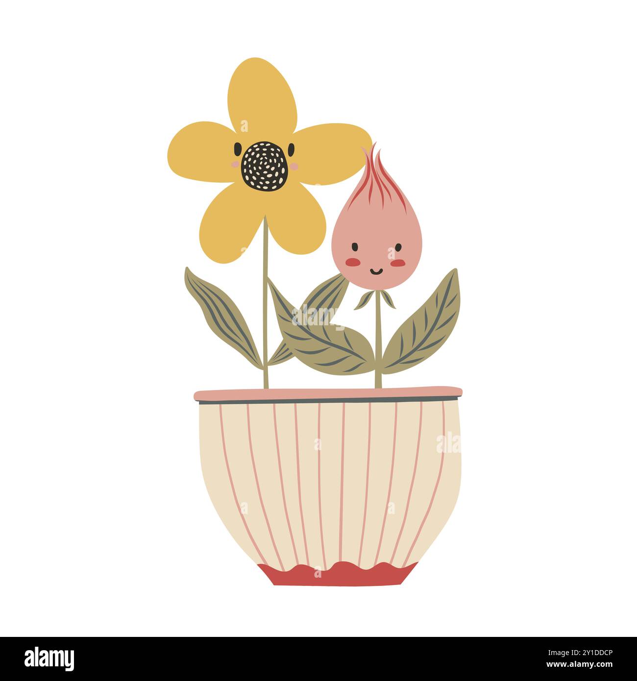 Fleur de bébé mignonne dans le pot de plante dans le style de dessin animé kawaii. Illustration enfantine de doodle vectorielle dessinée à la main. Dessin simple isolé pour les enfants Illustration de Vecteur