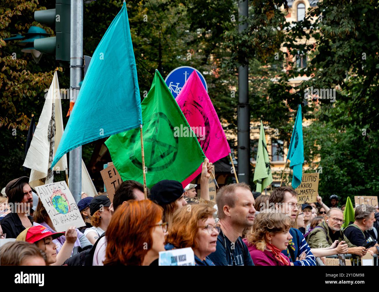 La manifestation de Boiling point (Kiehumispiste) organisée par extinction Rebellion Finland (Elokapina) à Helsinki, Finlande, le 3 septembre 2024. Banque D'Images