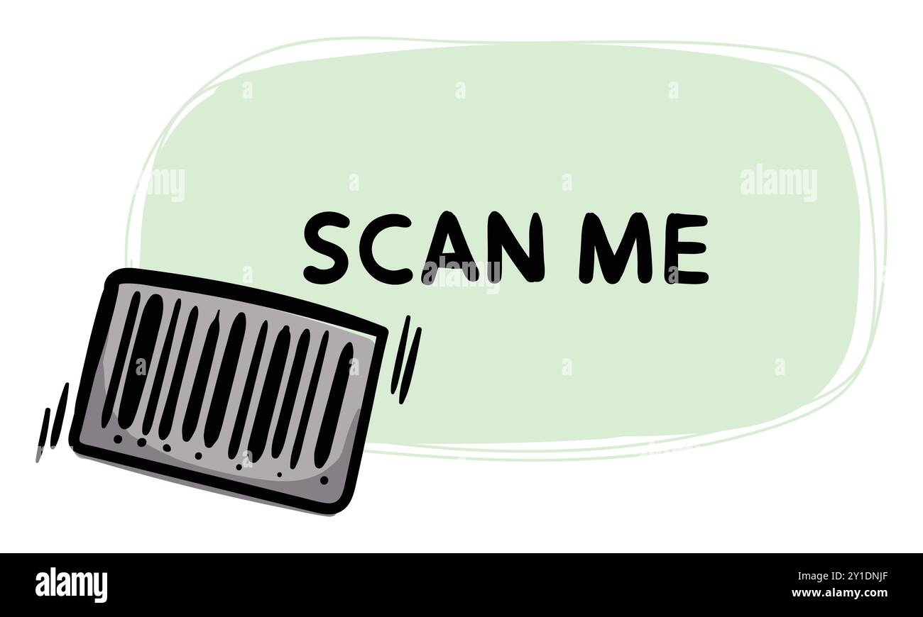 Simple autocollant dessiné à la main avec un code à barres et l'inscription Scan me. Illustration vectorielle pour emblème, étiquette, étiquette de prix Illustration de Vecteur