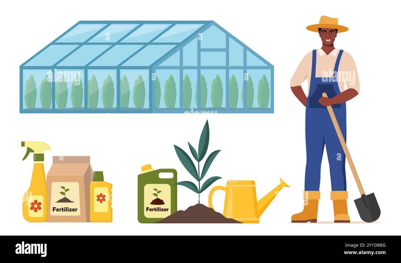 Caractère fermier afro-américain et différents éléments agricoles. Serre, engrais, arrosoir. Ensemble d'éléments sur le thème de la ferme. Illustration vectorielle Illustration de Vecteur