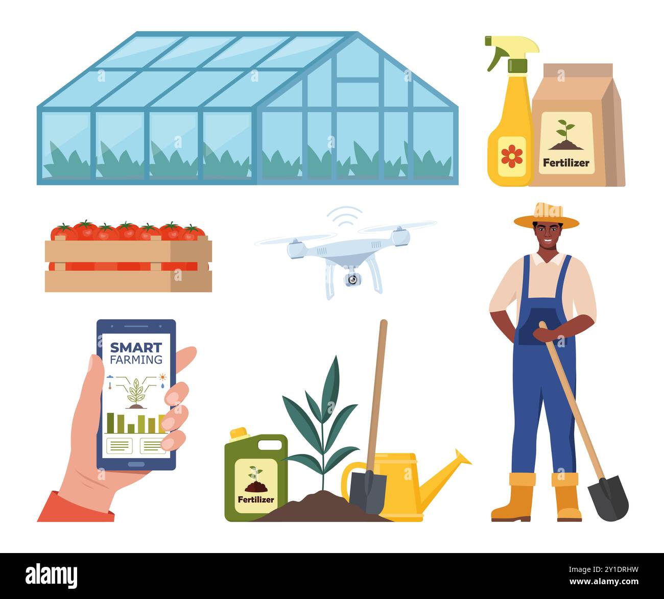 Caractère fermier afro-américain et différents éléments agricoles. Serre, engrais. Smart Farming, drone dans l'industrie agricole. Smartphone avec application pour Illustration de Vecteur