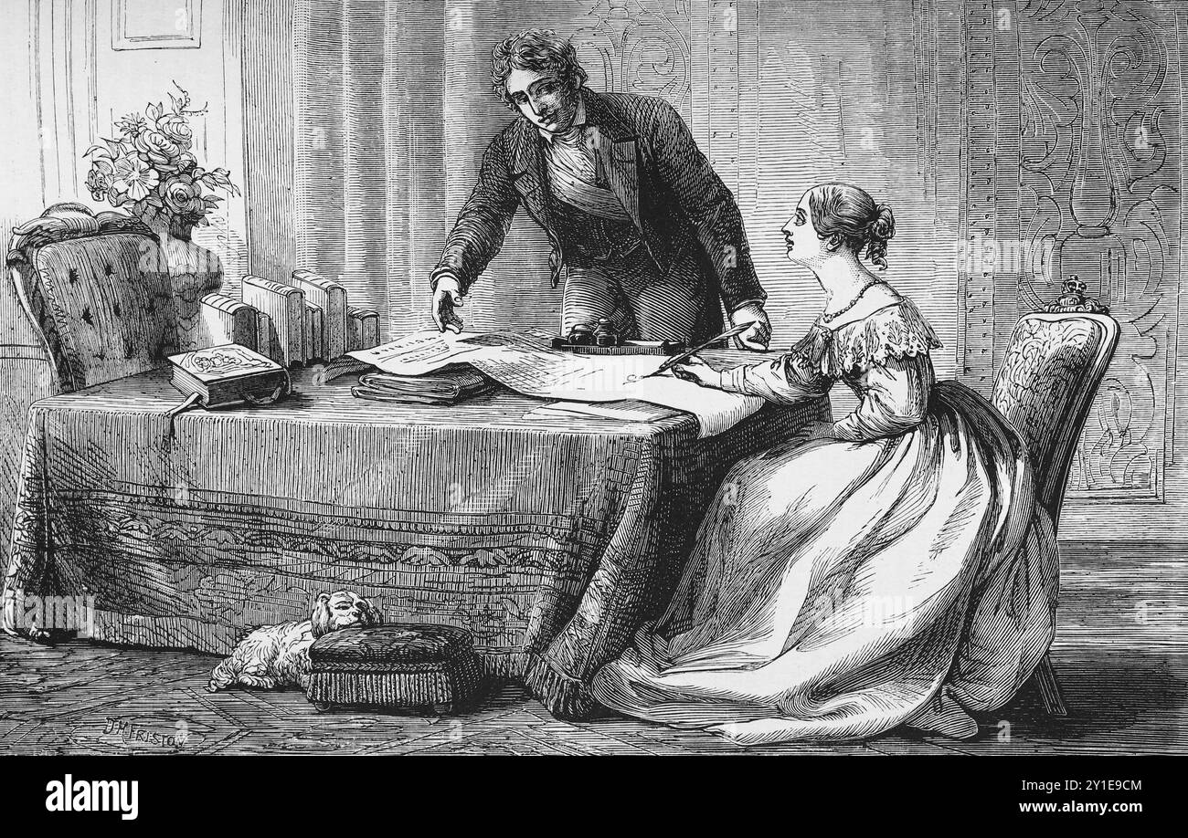 Henry William Lamb, 2e vicomte Melbourne instruit la jeune reine Victoria. Illustration tirée de Cassell's History of England, vol VII. Nouvelle édition publiée Circ 1873-5. Banque D'Images