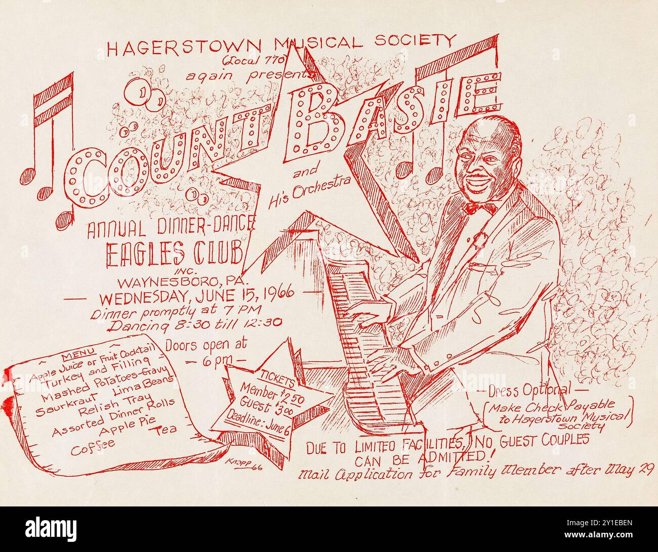 Dépliant du comte Basie, 1966 Hagerstown Musicl Society, Eagles Club, Waynesboro, Philadelphie Handbill Banque D'Images