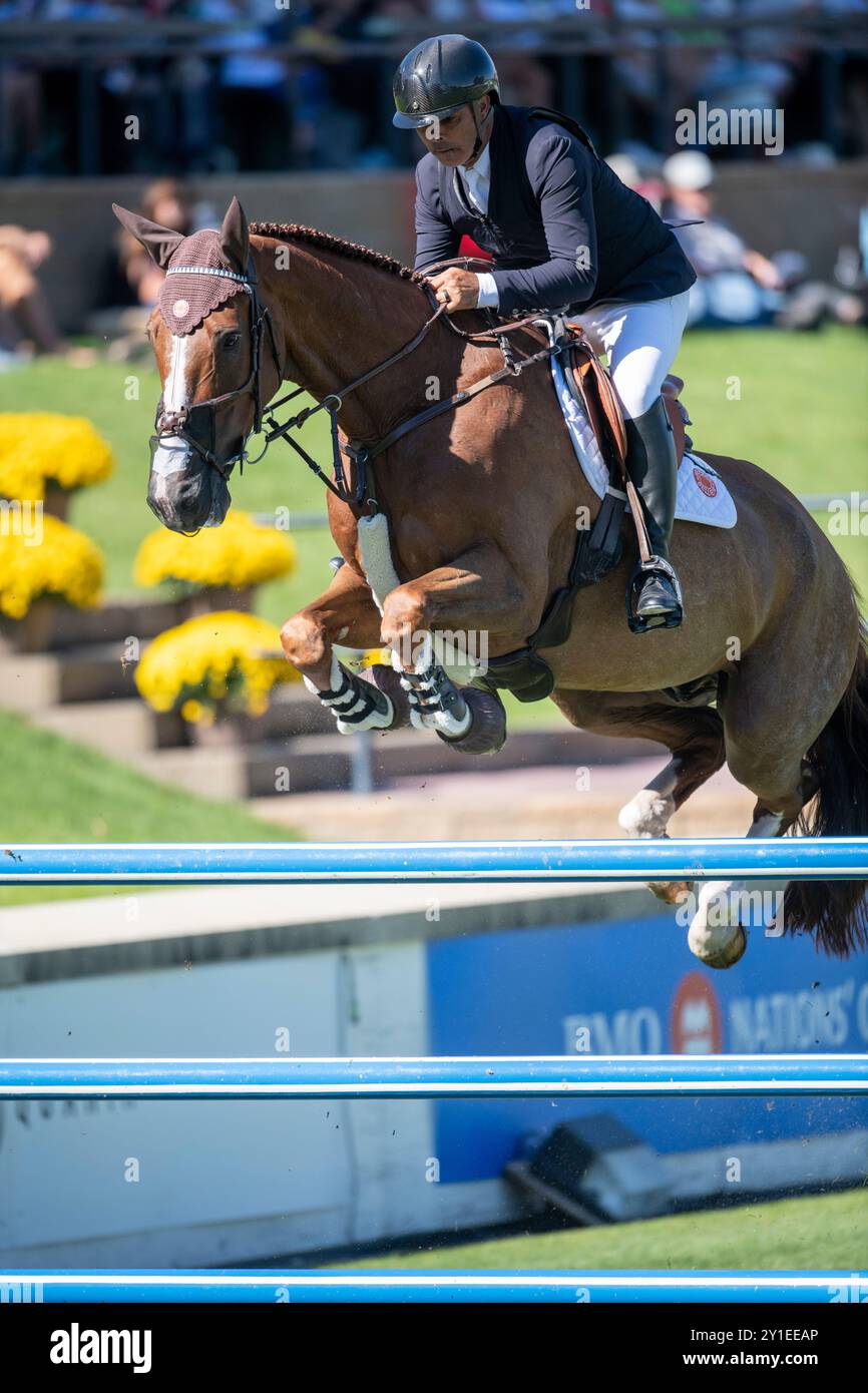 Calgary, Alberta, Canada, 5 septembre 2024. Rodrigo Pessoa (BRA) Riding Major Tom, les Masters Showjumping, - Coupe Cana Banque D'Images