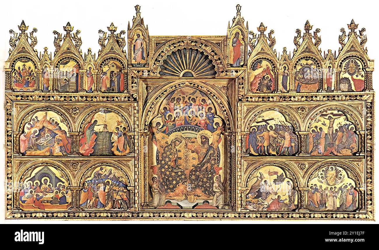 PAOLO VENEZIANO (né avant 1300, mort vers 1360) Polyptyque c. 1350 Tempera sur panneau, 167 x 285 cm Gallerie dell'Accademia, Venise le développement de l'art de Paolo Veneziano se caractérise par une sorte de suprématie de l'une ou l'autre de deux influences : d'une part, les progrès réalisés dans la peinture italienne contemporaine et d'autre part, les traditions des figuratives orientales Dans ce polyptyque, situé dans la somptuosité de son magnifique cadre gothique international en bois, chacune des nouveautés de l'art occidental tend à trouver son expression dans les modes byzantins typiques Banque D'Images