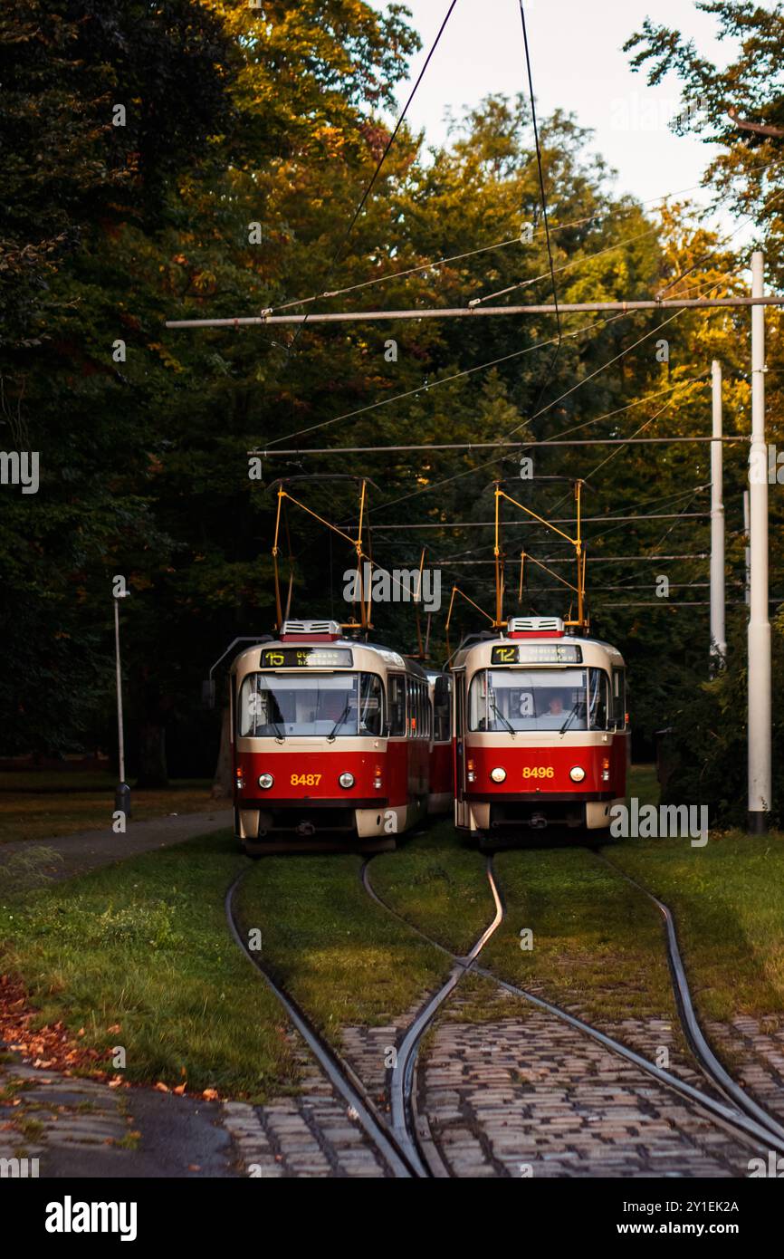 Prague, république tchèque - 12 octobre 2021 : deux tramways rouges et jaunes attendent sur les rails à prague dans le parc Stromovka Banque D'Images