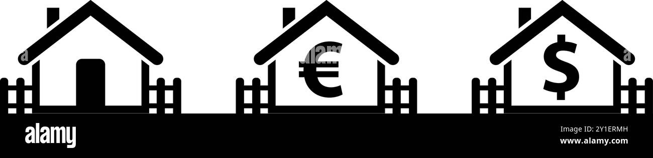 Symbole de prêt à la maison et icône de vecteur de financement à la maison ensemble avec le symbole dollar et euro Illustration de Vecteur