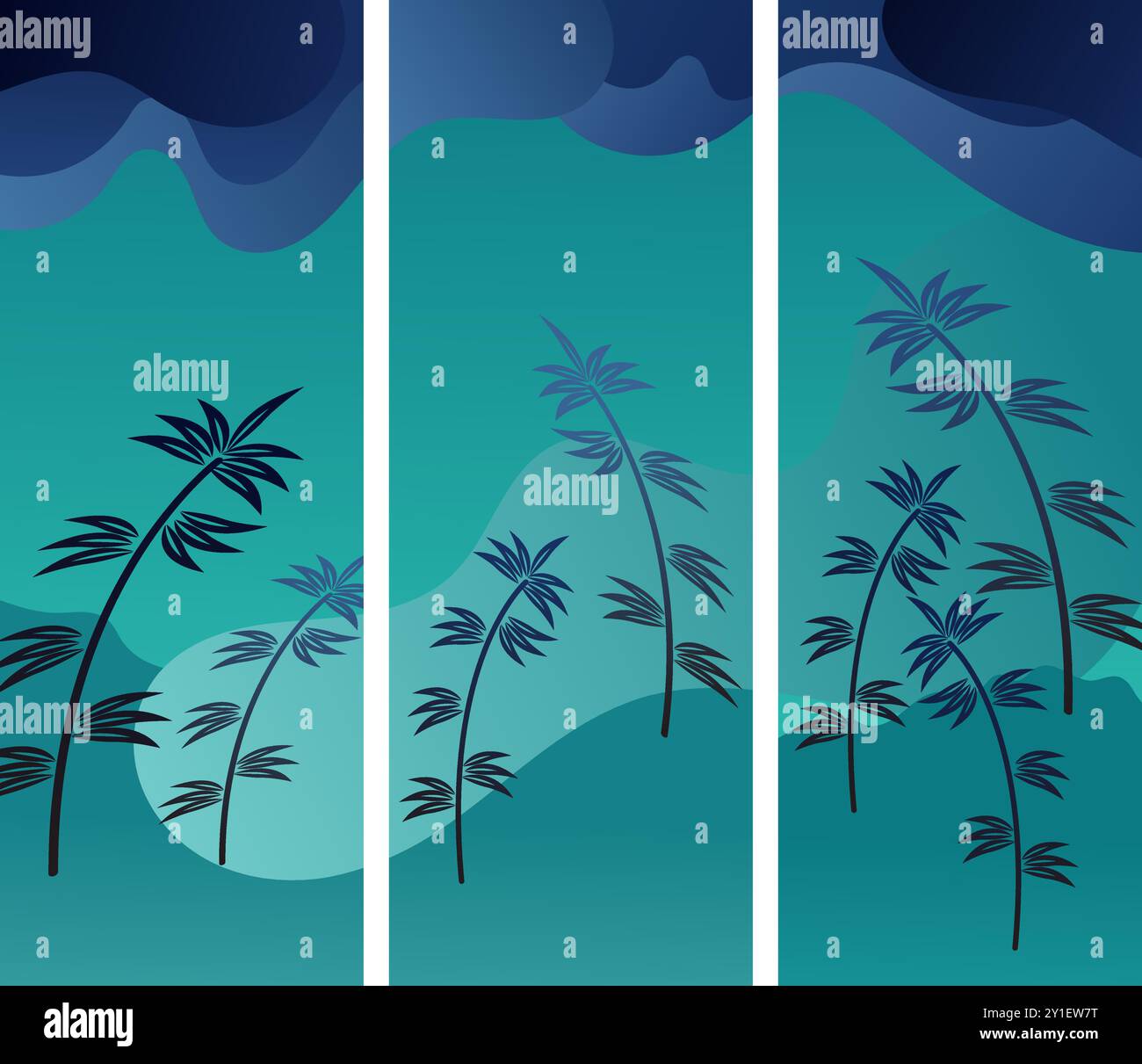 Cette œuvre d'art abstraite inspirée de la nature présente trois panneaux verticaux présentant des tiges de bambou stylisées se balançant dans le vent sur un fond de rolli Illustration de Vecteur