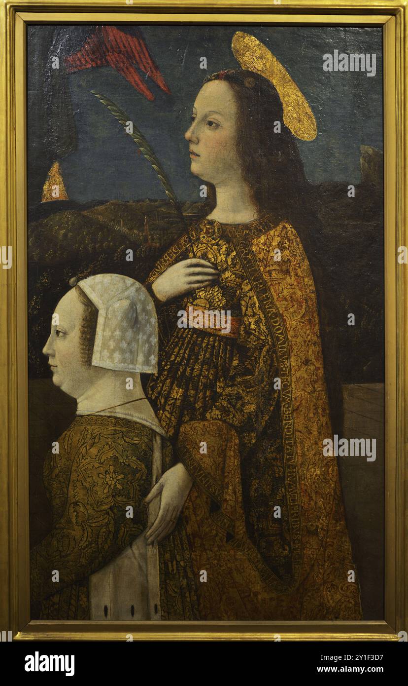 Bona de Savoie (1449-1503). Duchesse de Milan comme deuxième épouse de Galeazzo Maria Sforza (1444-1476), Duc de Milan. Régent de Milan entre 1476 et 1481, pendant la minorité de son fils Gian Galeazzo Sforza (1469-1494). Bona de Savoie présentée par un Saint Martyr, 1471-1472. Portrait par un peintre lombard. Tempera sur panneau de bois transféré sur toile. Pinacoteca Castello Sforzesco, Milan, Italie. Banque D'Images