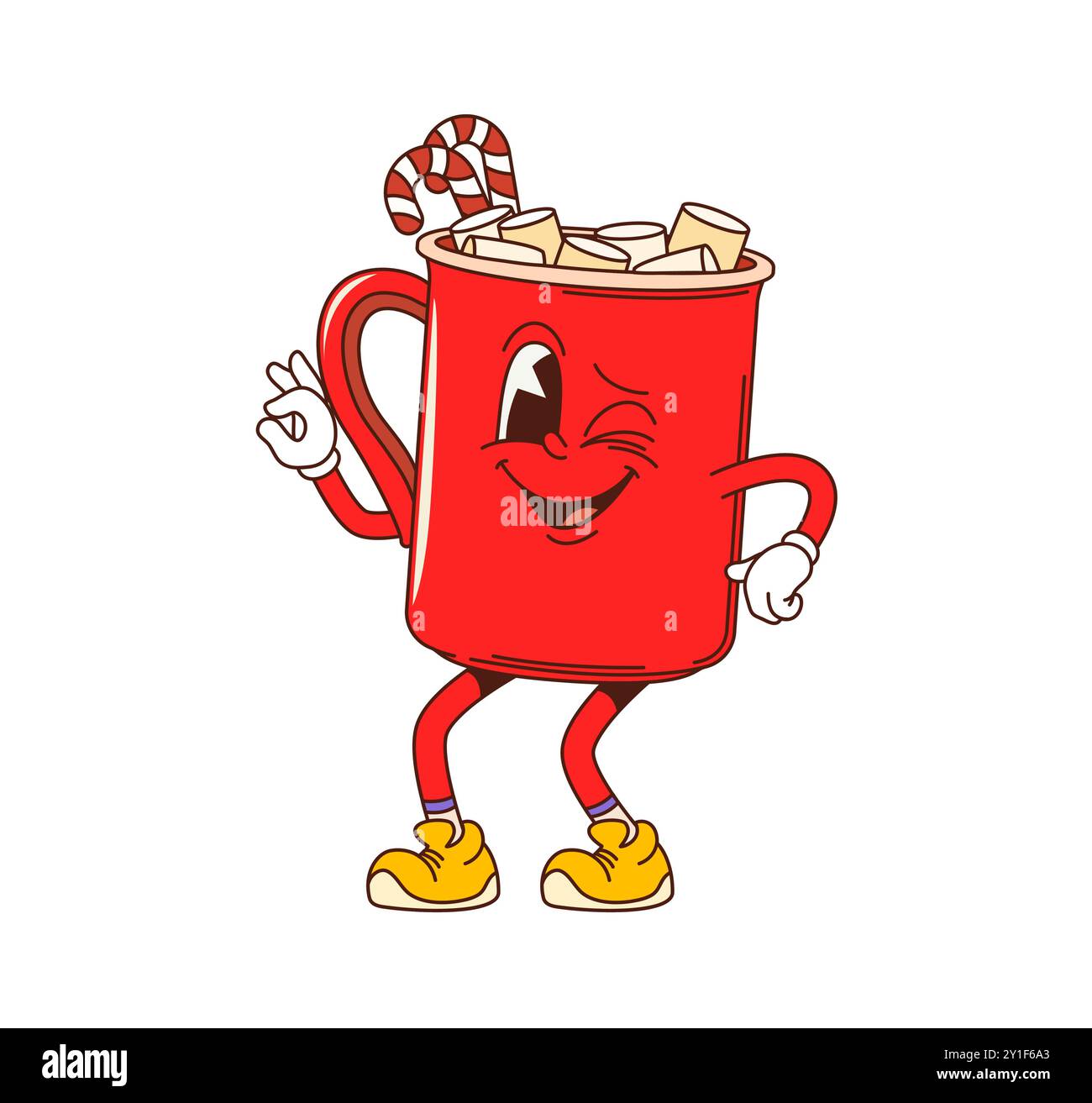 Personnage de tasse de Noël groovy de dessin animé avec guimauve. Mug rouge vecteur isolé avec visage claquant joyeux profitant de la saison des fêtes avec boisson au cacao, canne à bonbons et ambiance ludique de vacances Illustration de Vecteur