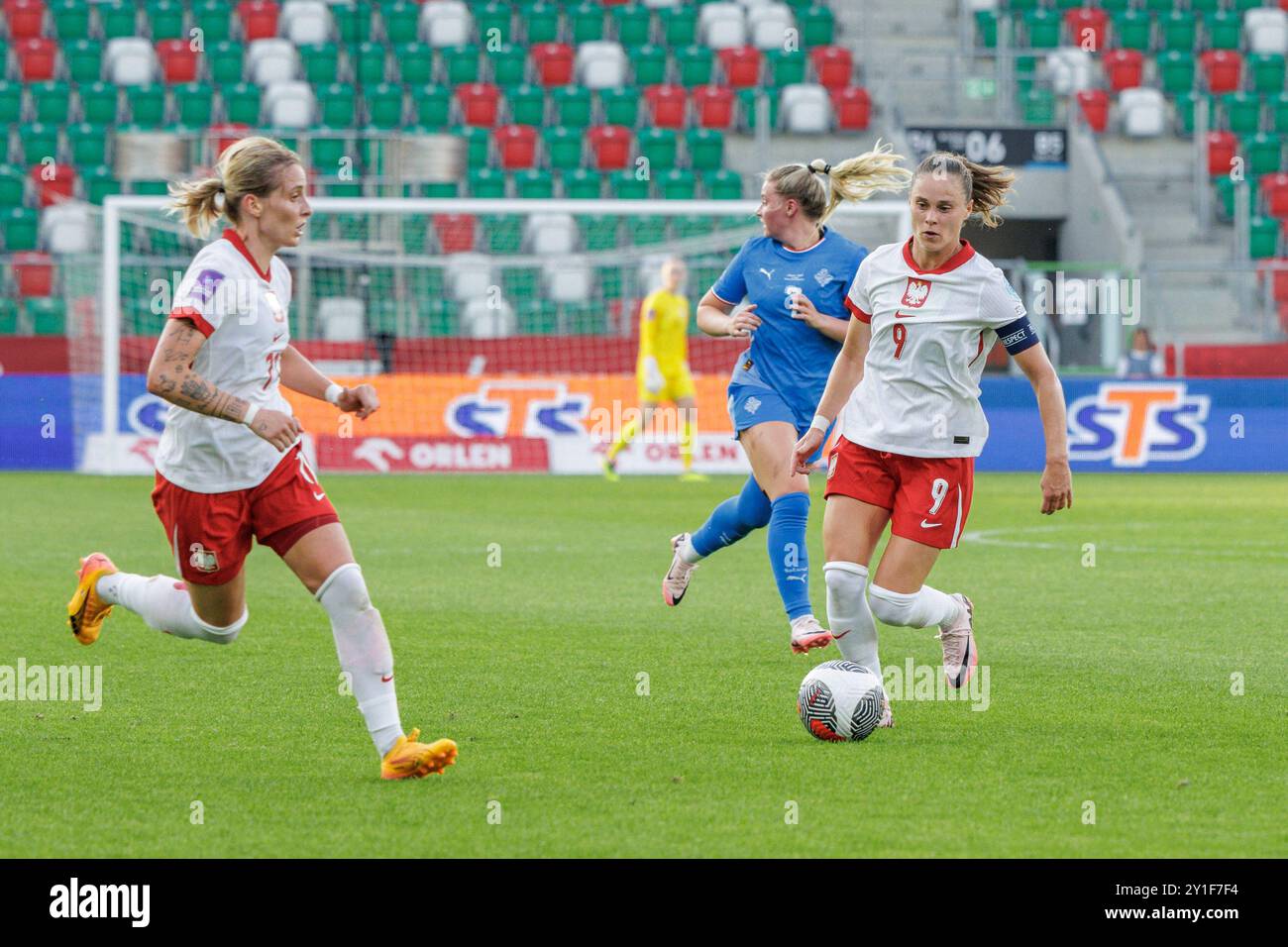 SOSNOWIEC 16.07.2024 FOOTBALL FÉMININ, QUALIFICATIONS EURO 2025, SAISON 2024 2025 POLOGNE VS ISLANDE EWA PAJOR (9) PIOTR FRONT / ARENA AKCJI Banque D'Images