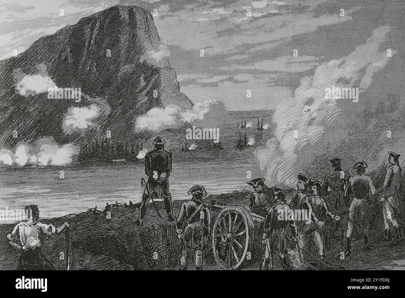 Grand siège de Gibraltar (21 juin 1779 au 7 février 1783). Troisième siège infructueux par l'Espagne depuis la perte du territoire. Le blocus était dirigé par Martín Alvarez de Sotomayor (1723-1819). Le blocus maritime étant jugé insuffisant, Louis Berton de Balbe de Quiers, duc de Crillon (1717-1796), est nommé commandant de l'armée assiégeante en 1782. Siège de Gibraltar par le duc de Crillon. 'Glorias Españolas' (Glories d'Espagne). Volume IV. publié à Barcelone, 1890. Banque D'Images