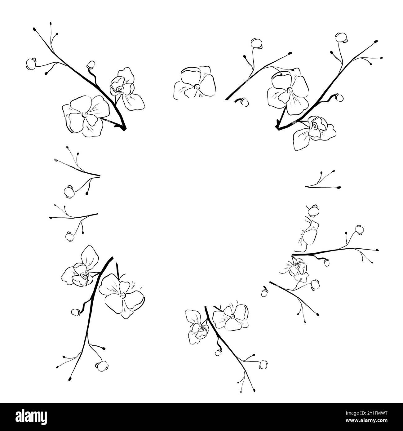 Couronne avec brindilles et bourgeons, fleurs de cerisier, illustration en noir et blanc Banque D'Images