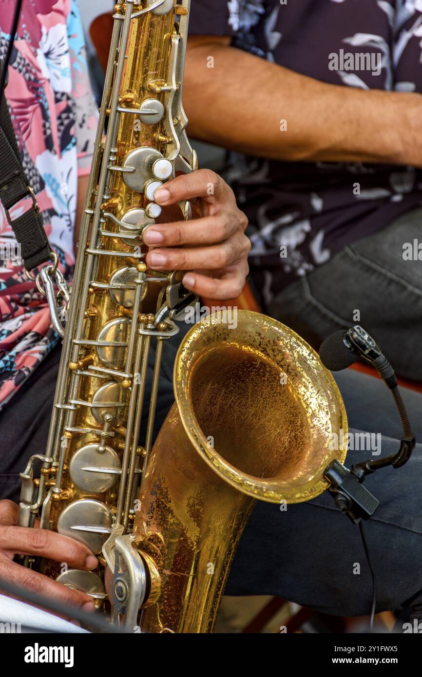 Saxophoniste et groupe de musiciens lors d'une performance musicale dans les rues de Recife, Recife, Pernambuco, Brésil, Amérique du Sud Banque D'Images Saxophoniste et groupe de musiciens lors d'une performance musicale dans les rues de Recife, Recife, Pernambuco, Brésil, Amérique du Sud Banque D'Images