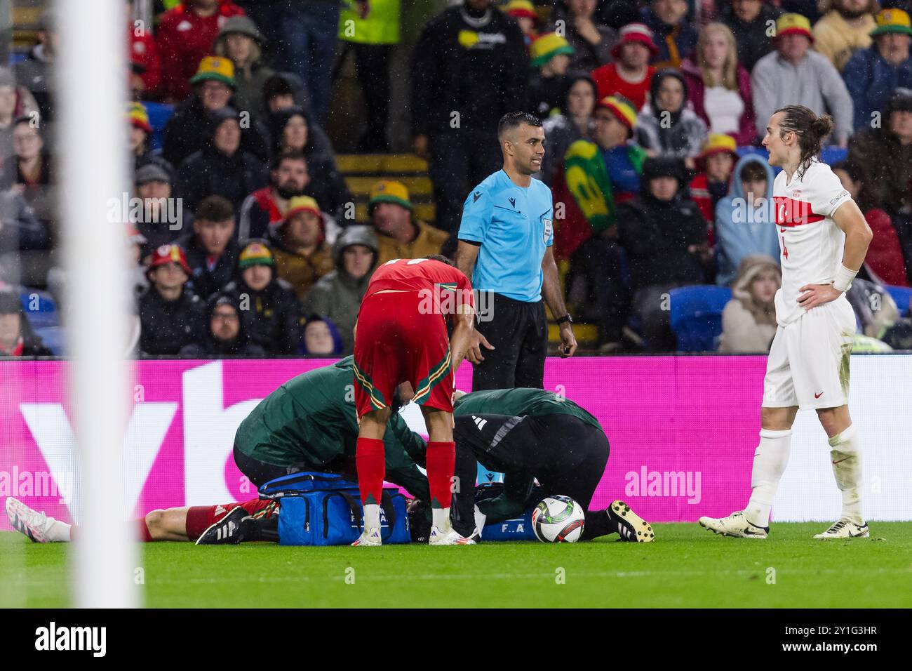 CARDIFF, ROYAUME-UNI. 06 septembre 2024. Le médecin du pays de Galles, le Dr Jonathan Houghton, et le physiothérapeute du pays de Galles, Sean Connelly, vérifient Kieffer Moore du pays de Galles lors du match du Groupe H 2025 de l'UEFA Nations League entre le pays de Galles et la Turquie au Cardiff City Stadium, Cardiff, le 6 septembre 2024. (Photo by John Smith/FAW) crédit : Football Association of Wales/Alamy Live News Banque D'Images