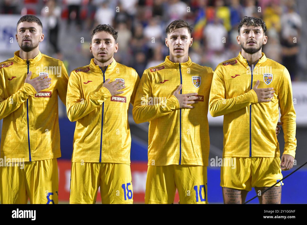 OVIDIU PERIANU , AHMED BANI , MARIUS CORBU ET IANIS STOICA LORS DE LA ROUMANIE U2 VS MONTÉNÉGRO U21 , MATCH DE QUALIFICATION POUR L'EURO U21 SLOVAQUIE 2025 Banque D'Images