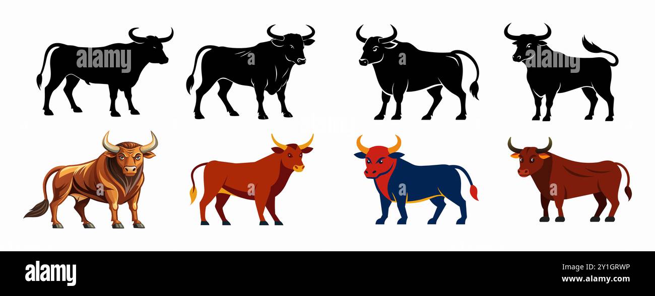 Ensemble de taureaux de ferme illustrés et de silhouettes noires isolés sur un fond blanc. Concept d'animaux de ferme, bétail domestique, illustration de taureau, ag Illustration de Vecteur